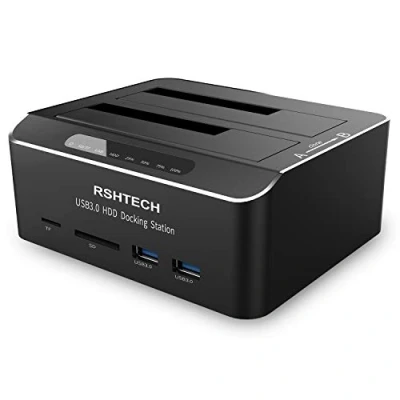 Afbeelding van RSHTECH Dual Bay Harde Schijf Docking Station, USB 3.0 Aluminium Drive Dockingstation Offline Klonen voor 2,5 &amp; 3,5 inch SATA HDD SSD, Ondersteunt SD TF Kaart, 2 x 16 TB Schijven, 6 Gbit/s