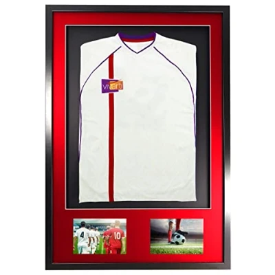 Afbeelding van Vivarti DIY Volwassen 3D Gemonteerd + Dubbel Diafragma Sport Display Frame voor Voetbal, Rugby, Band T Shirt Shadow Box 61 x 91,5 cm Zwart Frame, Rode Mount, Zwarte Backing Card