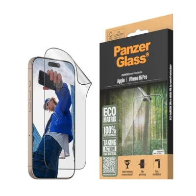 Afbeelding van PanzerGlass® Eco MATRIX Screen Protector voor Apple iPhone 16 Pro 100% gerecycled kunststof, hoge krasbestendigheid, slagvast, milieuvriendelijk met montagehulp eenvoudige installatie