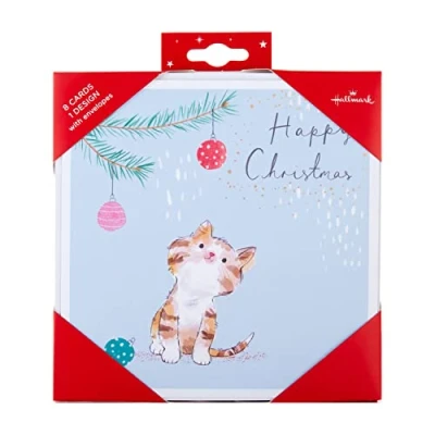 Afbeelding van Hallmark Kerstkaarten, hedendaags feestelijk kattenontwerp, 8 stuks, 25572283, schattige kat kerstkaartenpakket
