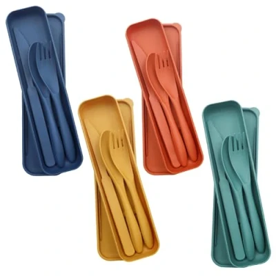 Afbeelding van 4 stuks bestekset, reisbestek, draagbaar kunststof bestek, campingbestek, mes, lepel, vork, bestekset met etui, herbruikbaar, voor dagelijks gebruik, outdoor servies, camping, picknick