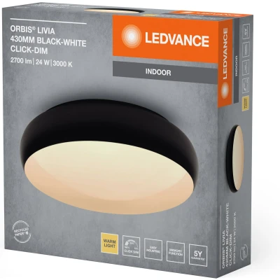 Afbeelding van LEDVANCE ORBIS Livia LED Deckenleuchte mit Metallring, schwarz weiß, 24W, 1500lm, 3000K, 430mm, 830 freundliches Warmweiß, durch Klicken in 3 Stufen dimmbar, IP20, Montageschrauben und Dübel inklusive