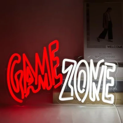 Afbeelding van YUEYYNS Game Zone neonbord, led gamerlamp, USB letters, rood en wit, lichtreclame voor speelruimte, speelzone, man hol, cadeaus gamers, jongens