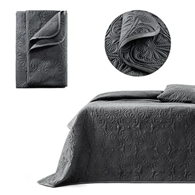 Afbeelding van ROOM99 Leila Elegante sprei in donkergrijs, 200 x 220 cm, veelzijdige woondeken als bedsprei of banksprei, voor bed en bank, quilt, stijl, ideaal