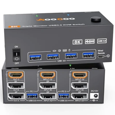 Afbeelding van KVM Switch 3 monitoren 2 computers 4K @144Hz 8K @60Hz, Displayport + HDMI USB3.0 switches met 4 USB 3.0 poorten, bekabelde afstandsbediening, voeding en kabel inbegrepen