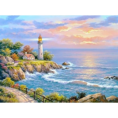 Afbeelding van Wowdecor Verf op Nummer Kits voor Volwassenen Kinderen, Schilderen Zee Golven Vuurtoren Landschap 16x20&quot; (Frameloos)