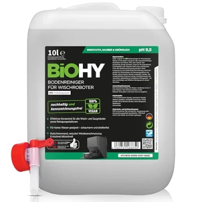 Afbeelding van BiOHY Vloerreiniger voor dweilrobot station met lentegeur (jerrycan van 10 liter) + afvoerkraan, reinigingsmiddelconcentraat alle wis en zuigrobots natte functie, schuimarm streepvrij