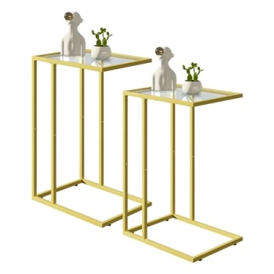 Afbeelding van Bijzettafel C vorm, bankbijzettafel, koffietafel, kleine tafel, banktafel, bijzettafel, bed, laptoptafel, glasmateriaal, goudkleurig (2 stuks)