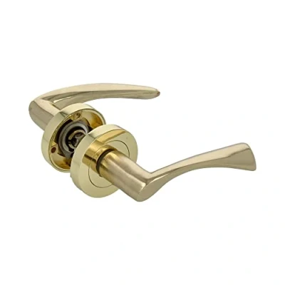 Afbeelding van Amig Set van 2 vergulde deurgrepen, ronde rozet, zamakgreep, deurgreep voor doorgangsdeuren binnen, diameter rozet Ø 52 mm, incl. schroeven