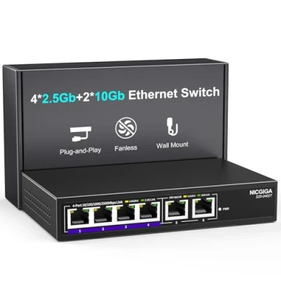 Afbeelding van 10 Gbe Ethernet switch onbeheerd met 2 x Gb RJ45 poorten, 4 2,5 Base T desktop/wandmontage NICGIGA 6 poorts Gbps netwerkschakelaar voor draadloze AP, NAS, pc
