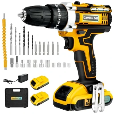 Afbeelding van 21 V accuschroevendraaierset accuboormachine: accuboormachine met 2 accu&#039;s 2,0 Ah, 24 stuks accessoires, 40 Nm draaimoment, 25 + 3 draaimomentniveaus, geschikt voor huis en tuin, doe het zelf project