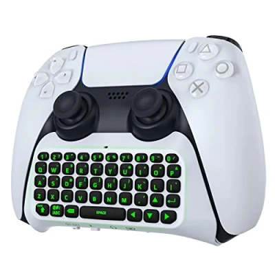 Afbeelding van MoKo Groen toetsenbord met achtergrondverlichting voor PS5 controller, draadloos minitoetsenbord, chatpad Playstation 5 toetsenbord, ingebouwde luidspreker 3,5 mm audio aansluiting berichten en livechat in games, wit