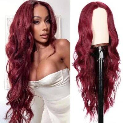 Afbeelding van PORSMEER Lange, golvende rode wijnpruik voor dames, golvend, natuurlijk haar, Braziliaans hittebestendig, cosplay, party, Halloween, dagelijkse outfit