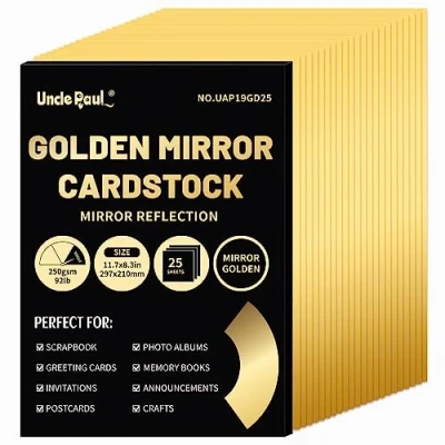 Afbeelding van Uncle Paul A4 Gouden Spiegel Cardstock Papier, 25 Vellen 250gsm/92Ib Metallic Reflecterend Papier voor Ambachten, Folie Karton DIY Projecten Verjaardagsfeestje Decoratie UAP19GD25