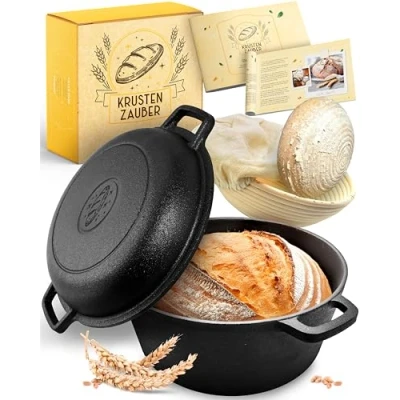 Afbeelding van KRUSTENZAUBER gietijzeren pan, brood bakken (incl. rijskorf) robuuste 26 cm broodpan ideale broodbakvorm met deksel, broodbakaccessoires