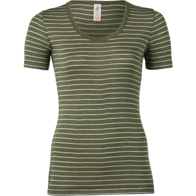 Afbeelding van Engel Natur Dames T shirt Zijde Merino Wol GOTS Olijfgroen Gestreept 46/48xl