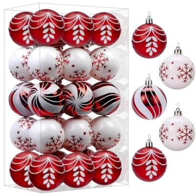 Afbeelding van SHareconn 12 stuks kerstballen van 8 cm, kleurrijke, onbreekbare plastic voor kerstboomdecoratie, vakantie, bruiloft, feestdecoratie (zwart en goud, 80 mm, rood wit)