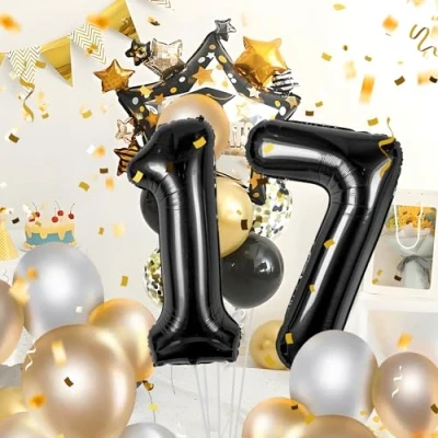 Afbeelding van Ballonnen verjaardag 17 jaar Noir 101 cm ballon cijfer opblaasbaar van folie decoratie een man vrouw vliegen met helium