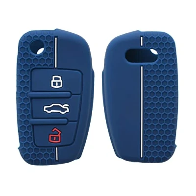 Afbeelding van kwmobile autosleutel hoesje geschikt voor Audi 3 knops hoes Siliconen behuizing Auto sleutel case met honingraat Sleuteletui in donkerblauw / wit