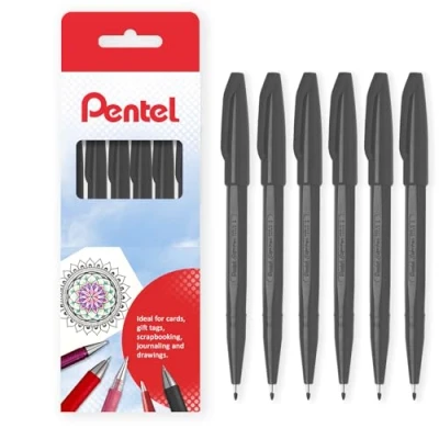 Afbeelding van Pentel S520 Originele Sign Pen Fibre Tip Marker Fineliner Pennen 2mm Penpunt 1mm Lijn Pack van 6 in Geschenkdoos (zwart)