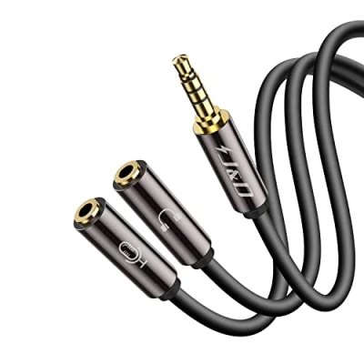Afbeelding van J&amp;D 3,5 mm naar 2x Kabel, Vergulde Koperen Schaal 1/8 TRRS Mannelijk 2 x TRS Vrouwelijk Headsetmicrofoon Y splitter Stereo Audiokabeladapter, 0,2 Meter