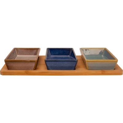 Afbeelding van Cosy &amp; Trendy serveerplank bamboe 31 x 15 cm met 3x luxe hapjes/saus/tapas schaaltjes Snack en tapasschalen