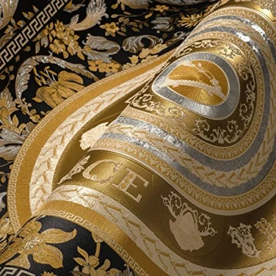 Afbeelding van &quot;MEDUSA HOOFD&quot; SATIJN GLANZEND CIRKEL BEHANG Design goud zwart zilver A.S. Création Versace 5