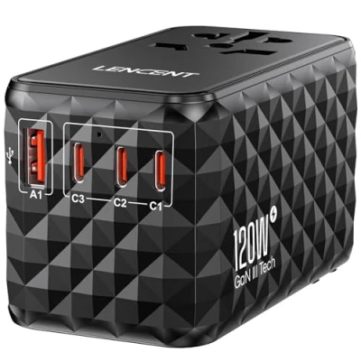 Afbeelding van LENCENT 120W Reisadapter Wereldwijd, GaN3 Snellader Universele Reisstekker met 3 PD USB C+1 QC USB, Alles in één Internationale Stekker voor Telefoon Laptop, 200+ Landen, EU UK DE VS Type A/C/G/I