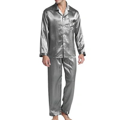 Afbeelding van Satijnen pyjama voor heren, nachtkleding, loungewear, Lichtgrijs, XXL