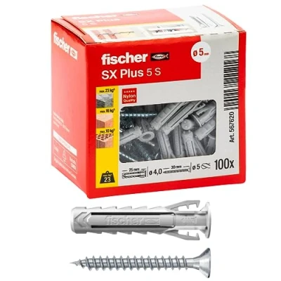Afbeelding van Fischer 100 pluggen SX Plus met schroef 5 x 25 mm voor volledige muur, gatenbaksteen, metselwerk, beton, het bevestigen van kroonluchters, meubels, wandkasten, planken, 567620