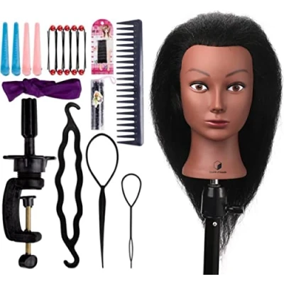 Afbeelding van Desire of Goods Afro Oefenhoofd Kappershoofd Echt haar Tafelklem &amp; Styling Accessoires Kappop Kaphoofd 40 cm