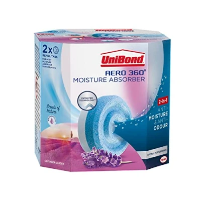 Afbeelding van UniBond AERO 360 Vochtabsorberende Lavendel Tuin Refill Tab, aromatherapie, ultra absorberend en geurneutraliserend, voor luchtontvochtiger, condensatieabsorberende stoffen, Twin Pack (2 x 450g)
