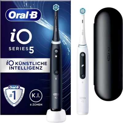 Afbeelding van Oral B Elektrische tandenborstel IO 5 Duopack met magnet technologie, led display, reinigingsstanden, reisetui