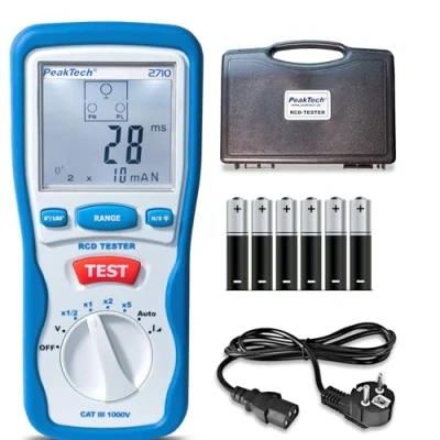 Afbeelding van PeakTech 2710 digitale FI tester voor activeringskarakteristiek met groot LCD scherm, storingsstroomonderbreker, RCD mes, dubbel geïsoleerde behuizing, bedrijfsspanning 230 V/50 Hz CAT III 600 V