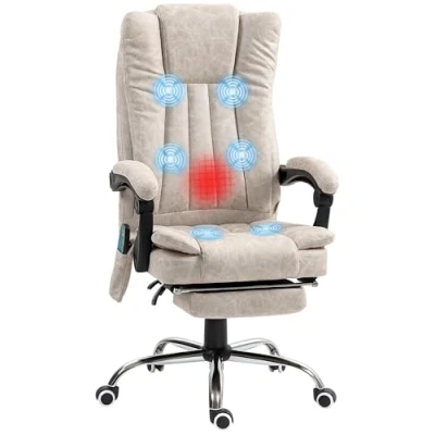Afbeelding van Vinsetto bureaustoel met massagefunctie, ergonomische verwarmingsfunctie, ligfunctie, in hoogte verstelbare draaistoel voetensteun, zijzak, crèmewit