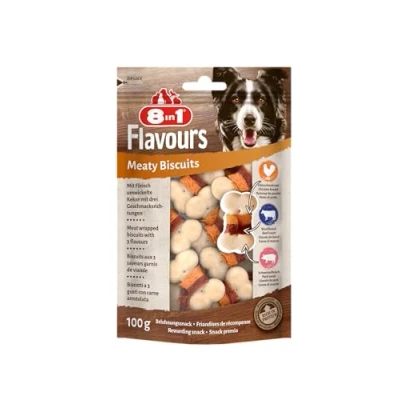 Afbeelding van 8in1 Flavours Meaty Biscuits Hondensnacks Kip Rund Varken 100 g