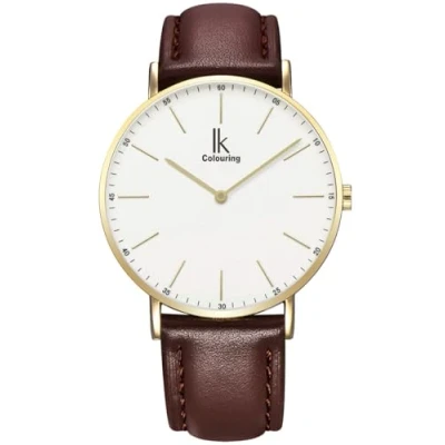 Afbeelding van Alienwork IK Horloge Heren Dames Goud Leren Armband Bruin Wit Ultradun
