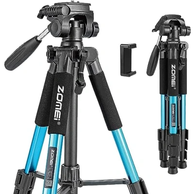 Afbeelding van ZOMEI Q111 Camerastatief, mobiele telefoonstatief, aluminiumlegering, reisstatief, licht camera driepootstatief met 3 weg draaibare kop, snelkoppelingsplaat, telefoonhouder en tas, 47 140 cm (blauw)