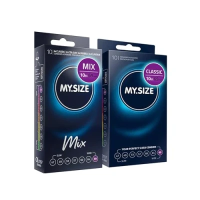 Afbeelding van MY.SIZE Mix SET Maat 7, 69 mm: 10 Classic Condooms + in 4 spannende soorten, met aroma, kleur, geribbeld &amp;