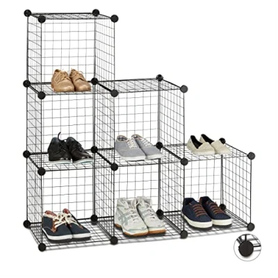 Afbeelding van Relaxdays vakkenkast gaas, 6 vierkante vakken van 35 x cm, open kastsysteem, room divider, trapvorm, zwart