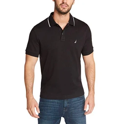 Afbeelding van Nautica Heren klassieke pasvorm korte mouw dubbele getipt kraag poloshirt, Zwart, XXL