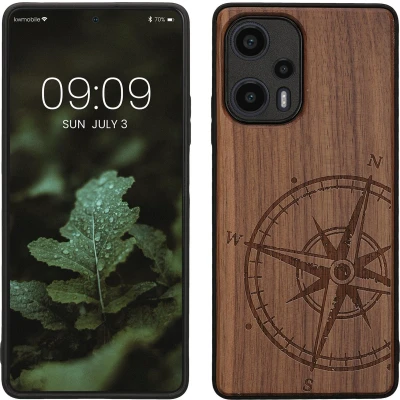 Afbeelding van kwmobile telefoonhoesje geschikt voorXiaomi Poco F5 5G Hoesje met bumper walnoothout In donkerbruin Vintage Kompas design