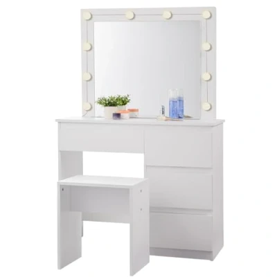 Afbeelding van EUGAD Make uptafel met verlichting, spiegel, kaptafel kruk, nachtkastje 4 laden, groot tafelblad 90 x 40 cm, moderne voor slaapkamer, wit 0029SZT