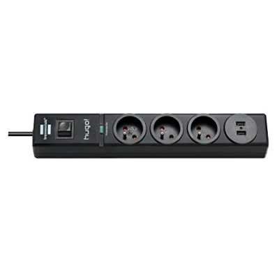 Afbeelding van Brennenstuhl Hugo! Stekkerdoos, zwart, 3 stopcontacten + 2 USB stopcontacten, met overspanningsbeveiliging en m kabel (19,500 A)