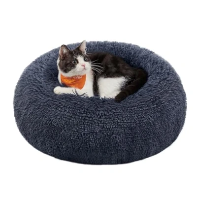 Afbeelding van Feandrea donzig hondenbed, kattenmand, donutkussen, wasbaar, uitneembare middenvulling, lang pluche, 40 cm diameter, donkergrijs PGW036G02