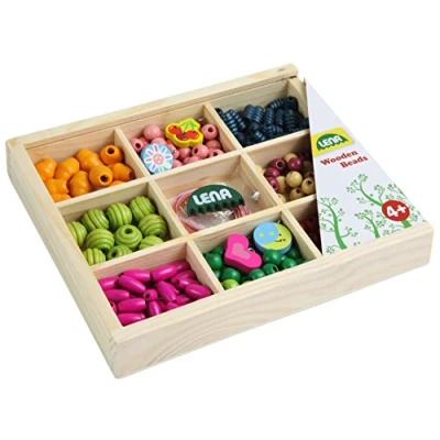 Afbeelding van Lena 32012 Knutselset houten rijgkralen in doosje, met 290 van 2 cm, kralenset voor kinderen vanaf 3 jaar, set het zelf maken kettingen en kralensieraden, Meerkleurig