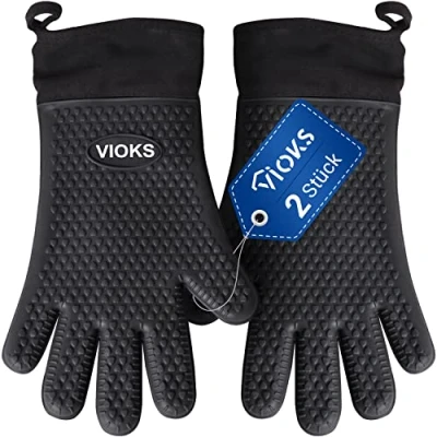 Afbeelding van VIOKS 2 stuks ovenhandschoenen, siliconen handschoenen, hittebestendig voor keuken, ovenwanten met katoenen voering, zwart, BBQ/grill