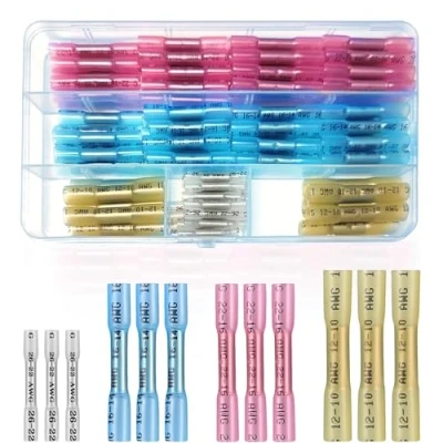 Afbeelding van Krimpverbinders, 100 stuks, 10 26 AWG, kabelverbinders, waterdicht, knijpverbinders met opbergdoos, stootverbinders, soldeerverbinders, assortiment set wit, blauw, roze, geel