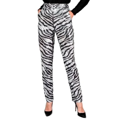 Afbeelding van Widmann Grappig &amp; Fout Kostuum Pailletten Broek Zilver Zwart Zebra Strepen Vrouw Small Carnavalskleding Verkleedkleding