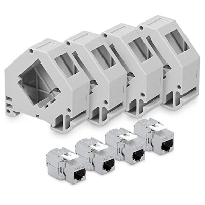 Afbeelding van kwmobile 4 keystone adapters voor CAT6A kabels Set van modules RJ45 inclusief DIN rail houders Met afgeschermde metalen behuizing